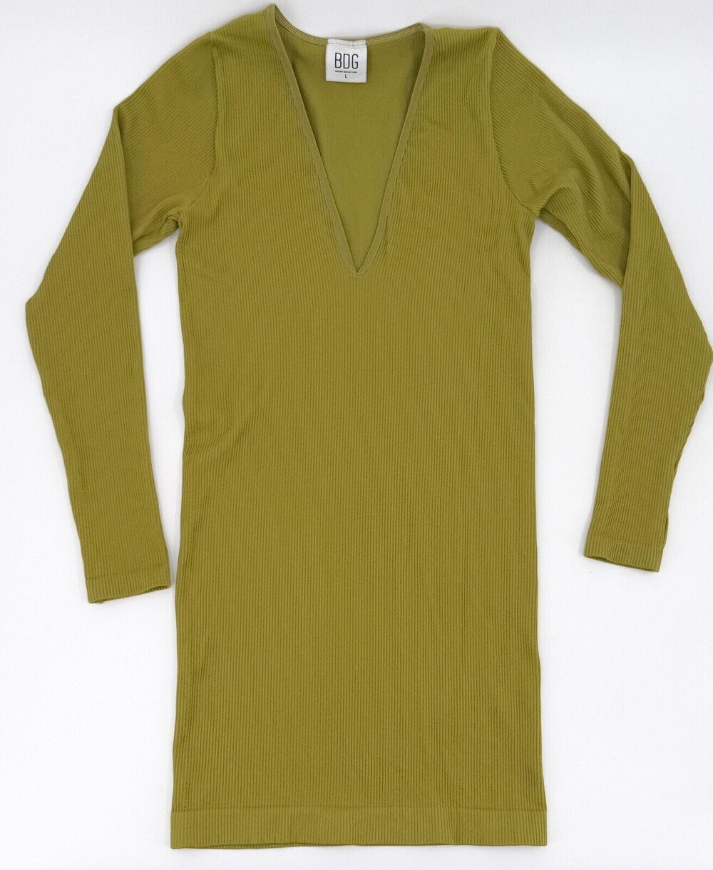 BDG Urban Outfitters Dress Womens Large Green Ribbed Deep V Long Sleeve Seamless